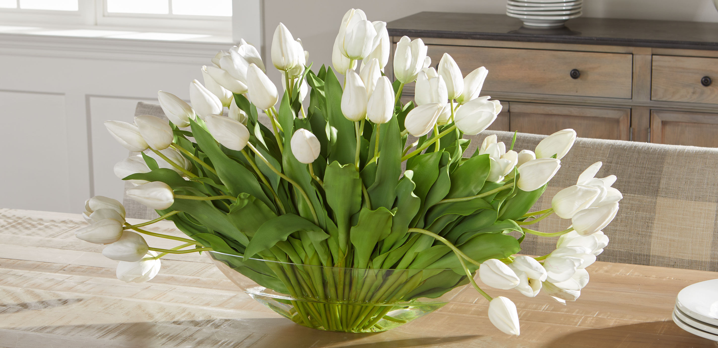 White Tulip Centerpiece in Linear Glass Vase_5