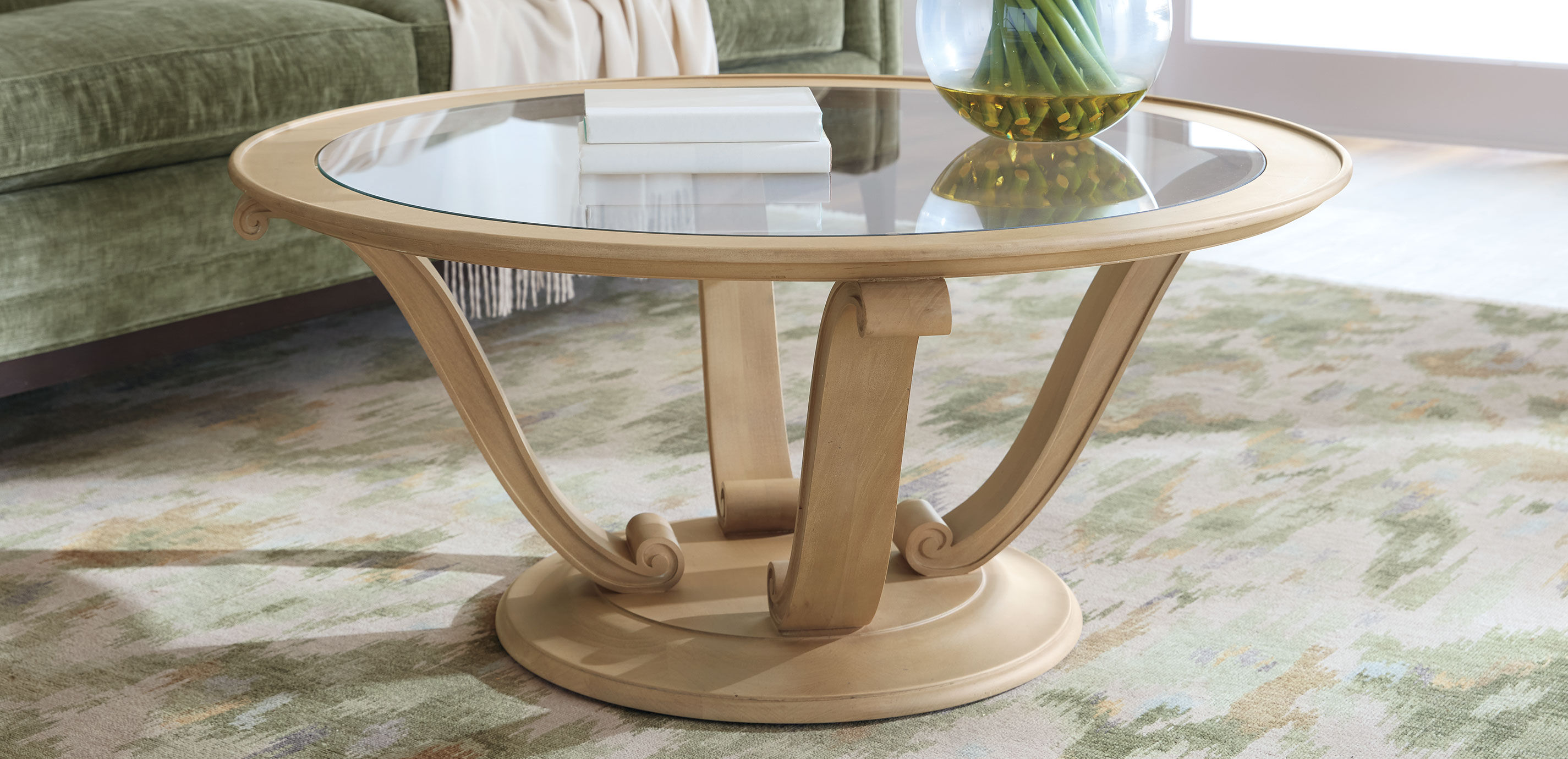 Camille Round Glass-Top Scroll-Base Coffee Table_10