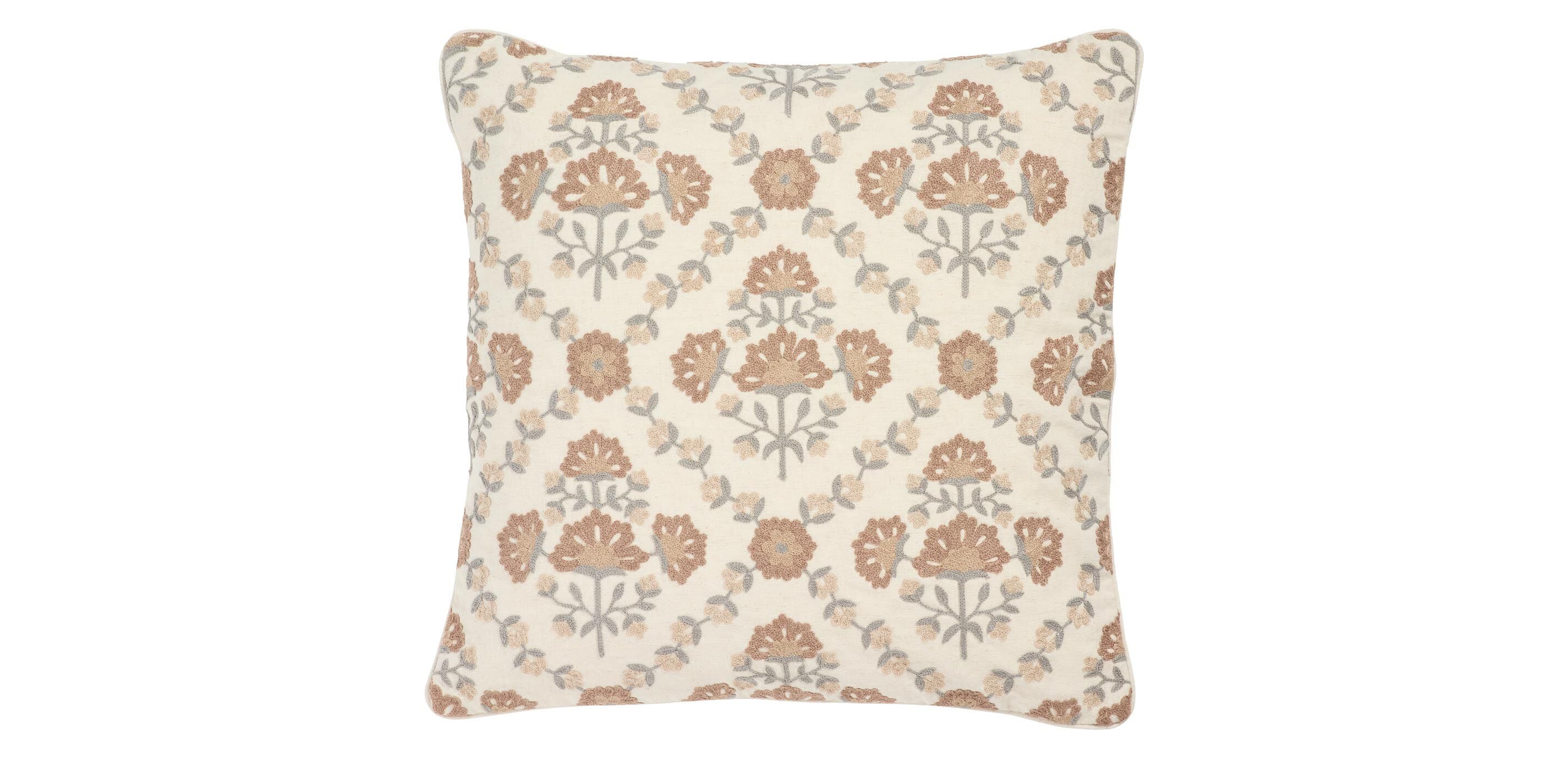 Crewel-Stitch Floral-Pattern Pillow