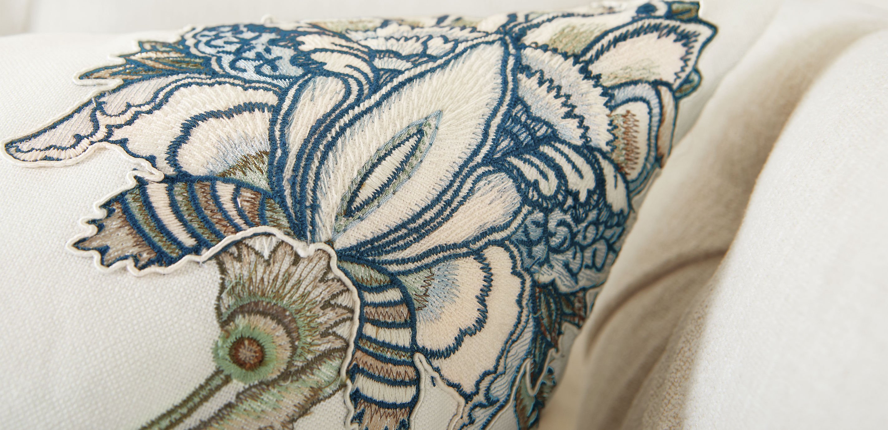 Blue & Taupe Iris Embroidered Square Pillow, 22"_2