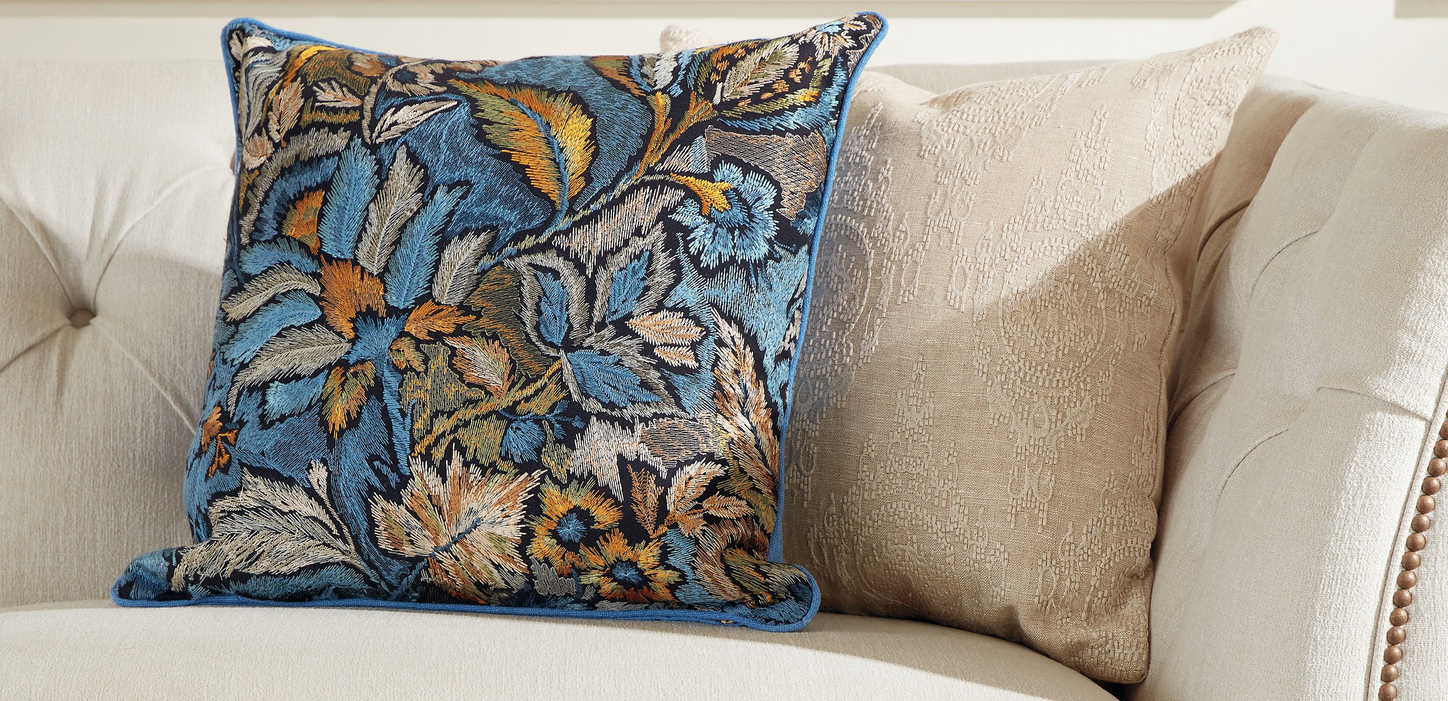 Blue Botanical Embroidered Pillow_3