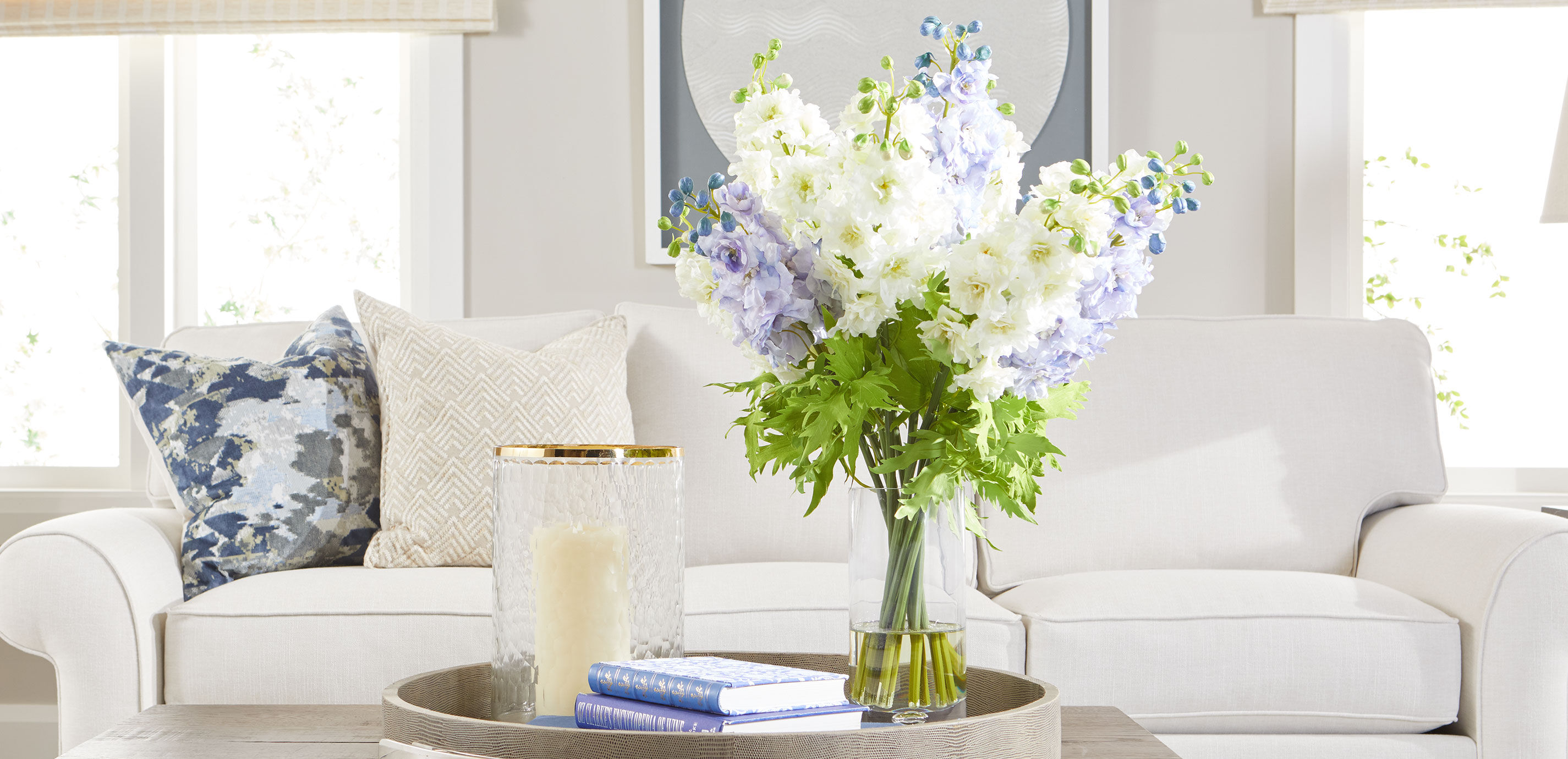 Blue and White Delphinium Bouquet in Tall Vase_4
