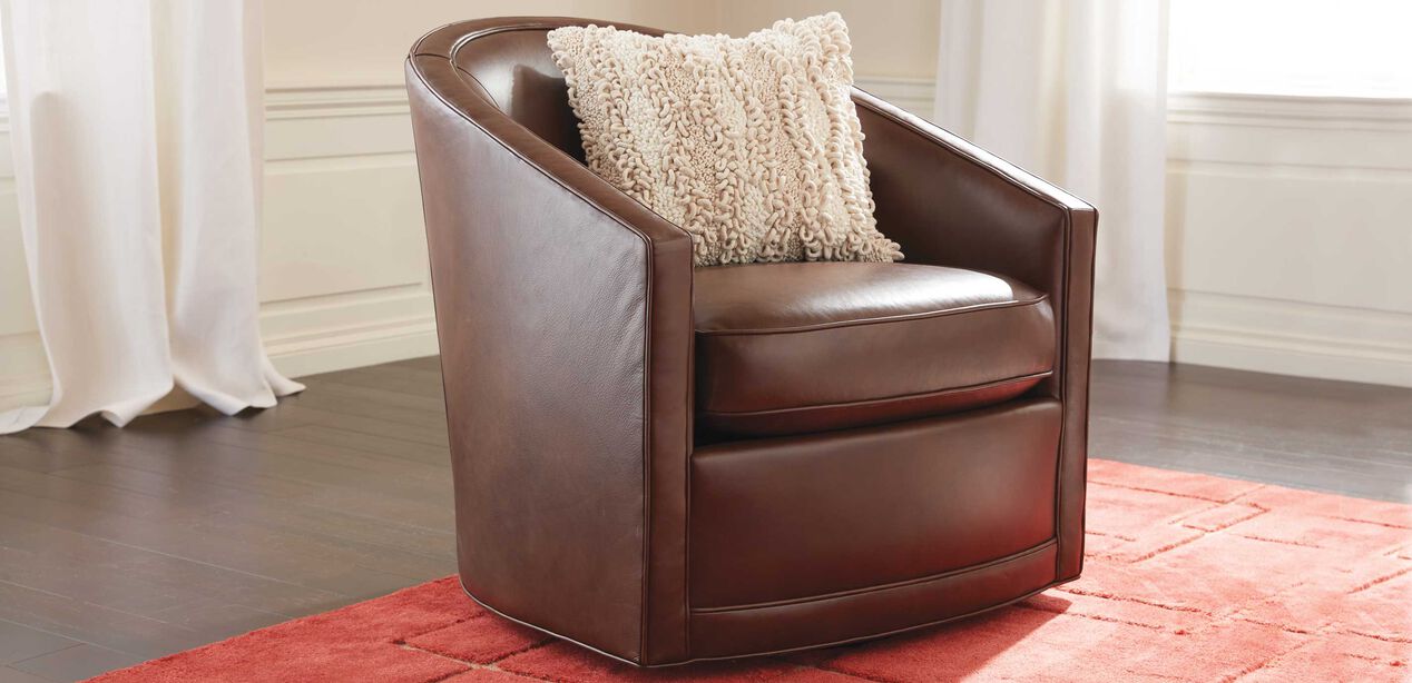Baylee LeatherUpholstered BarrelBack Swivel Chair Ethan Allen