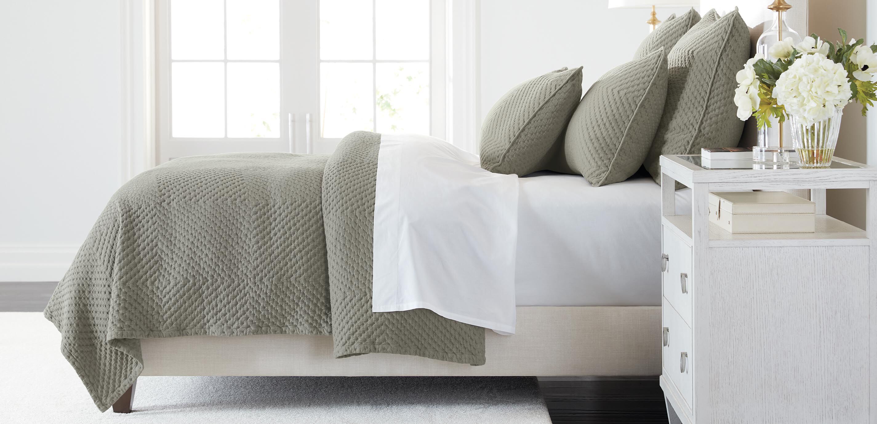 Geometric Matelasse Coverlet and Shams Set, Olive_1