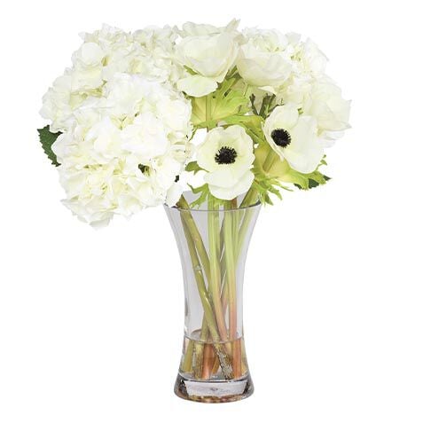 White Hydrangea and Anemone Bouquet in Hourglass Vase image