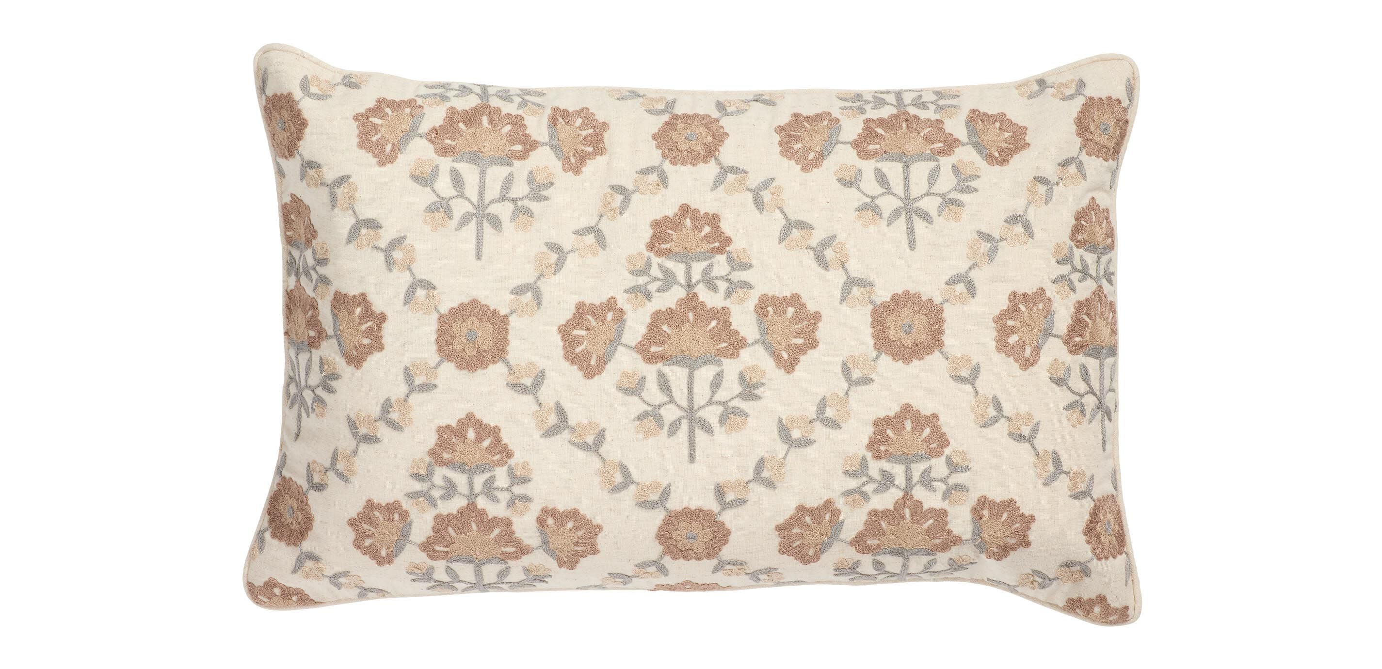 Crewel-Stitch Floral-Pattern Lumbar Pillow