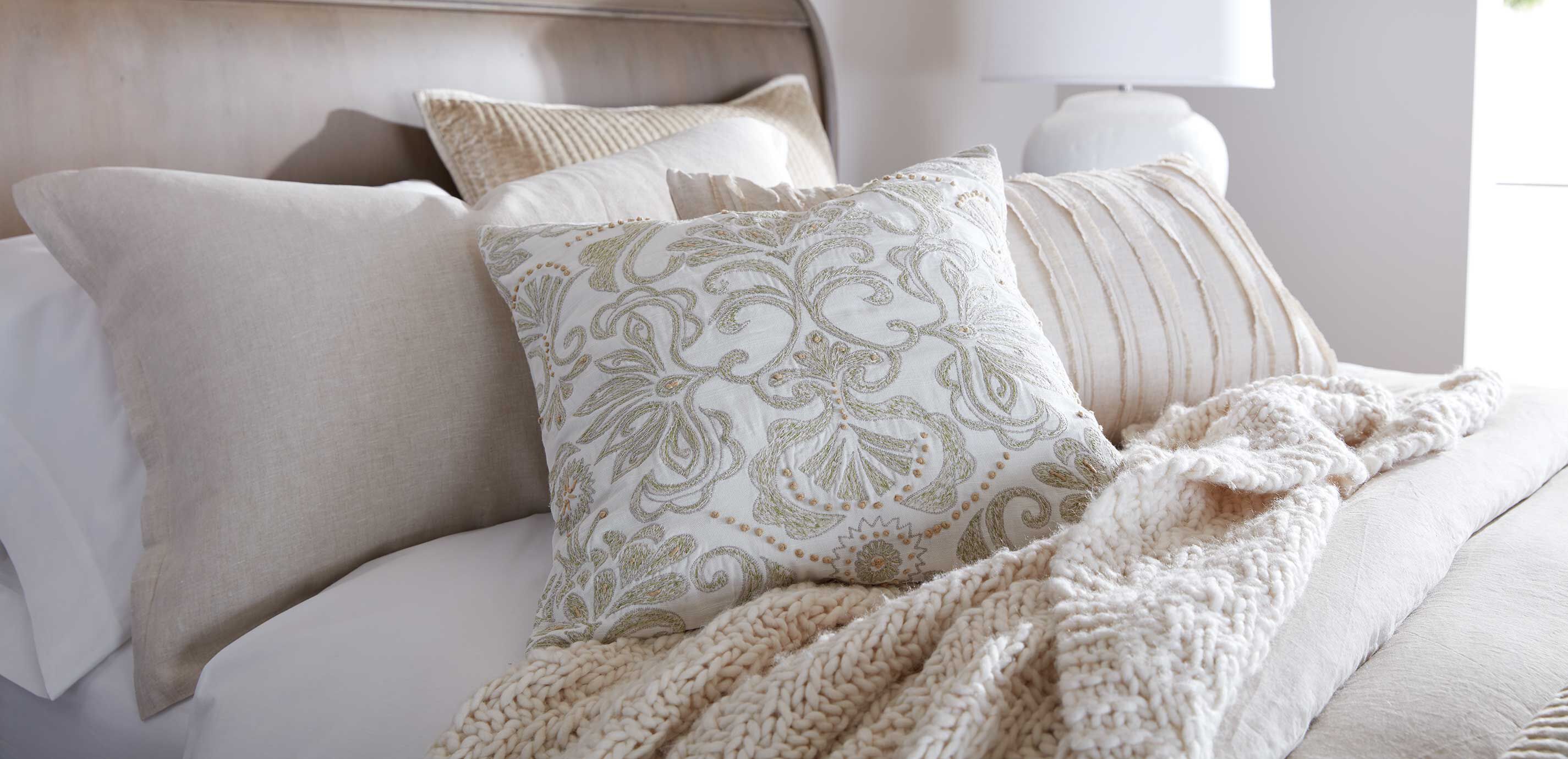 White and Green Embroidered Damask Pillow_3