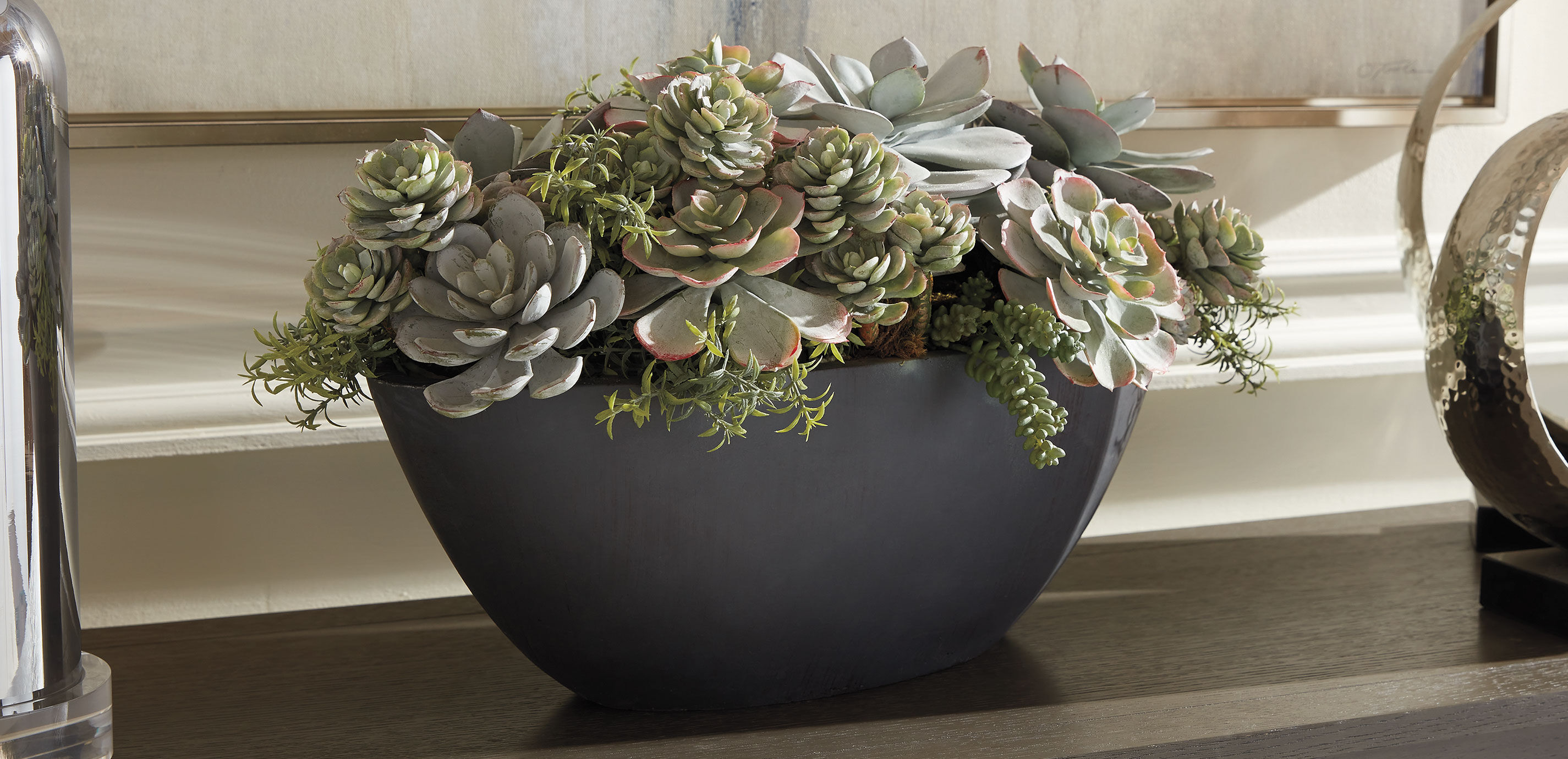 Mixed Succulents in Dark Grey Oval Planter_2
