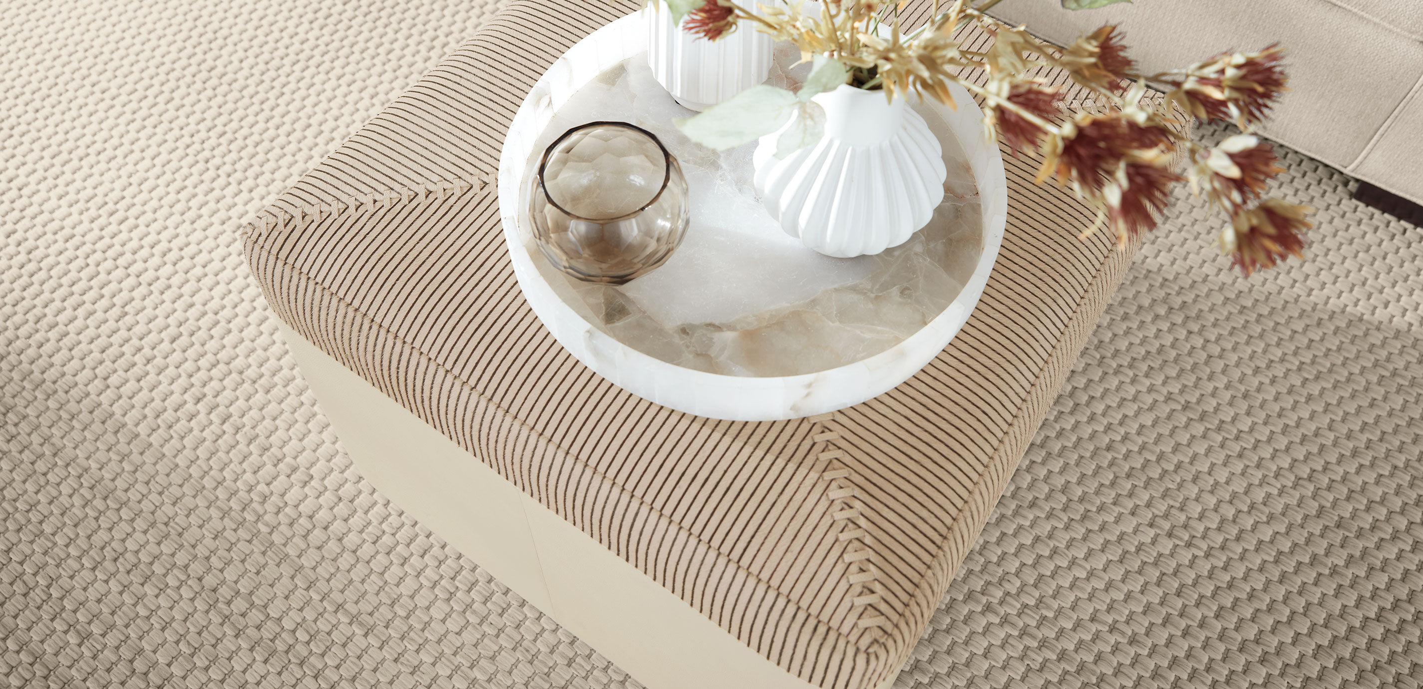 Pinstripe Hide & Leather Pouf_8