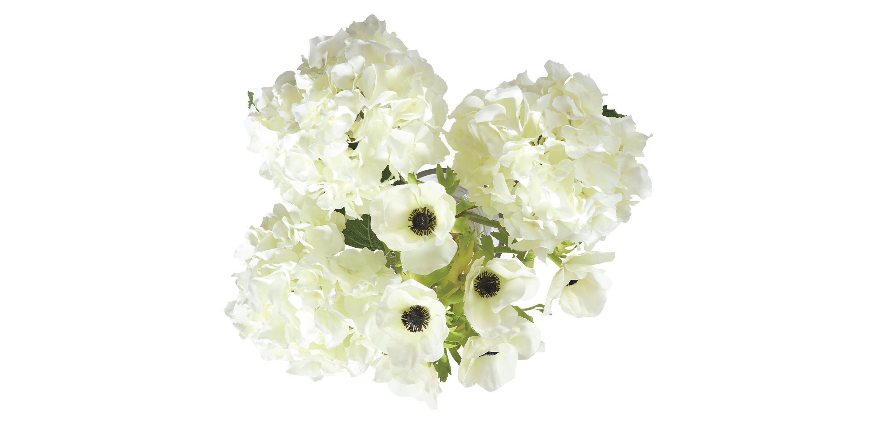 White Hydrangea and Anemone Bouquet in Hourglass Vase_3