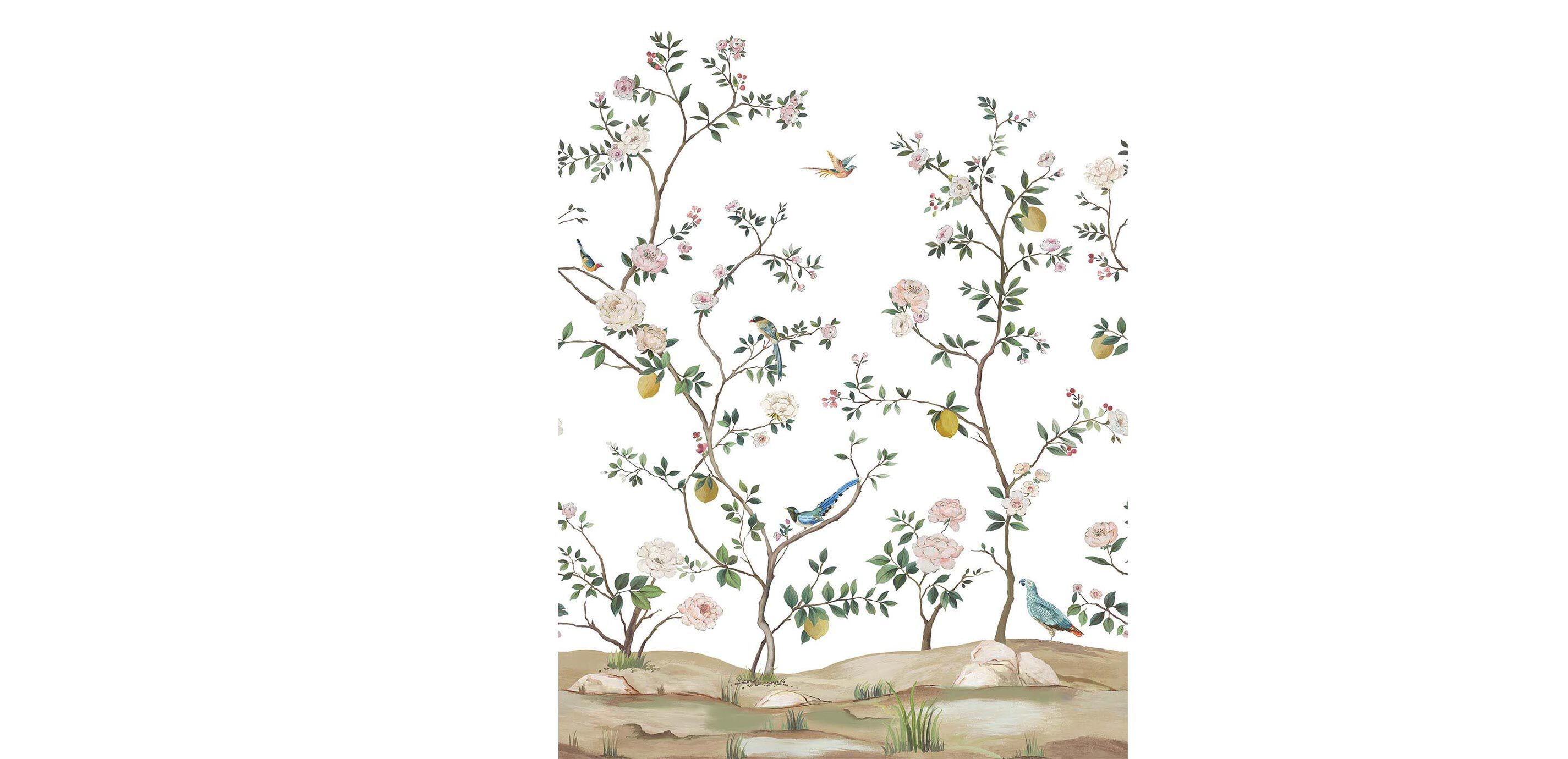 Blossom Chinoiserie Wall Mural on Grasscloth