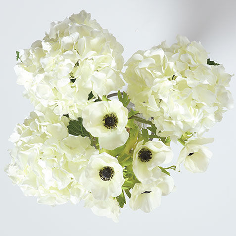 White Hydrangea and Anemone Bouquet in Hourglass Vase Product Tile Hover Image 443796   WHT