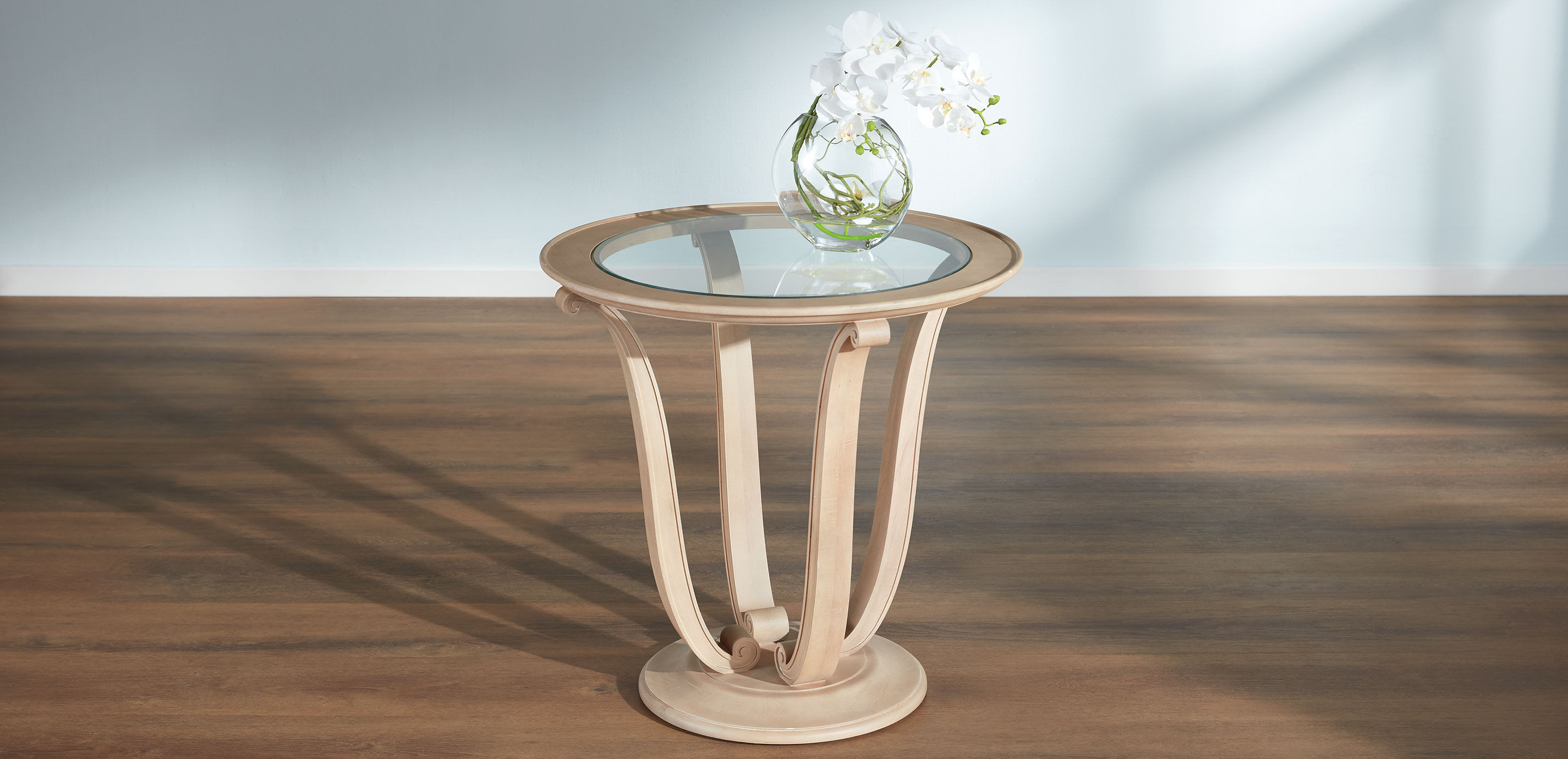 Camille Round Glass-Top Scroll-Base End Table_7