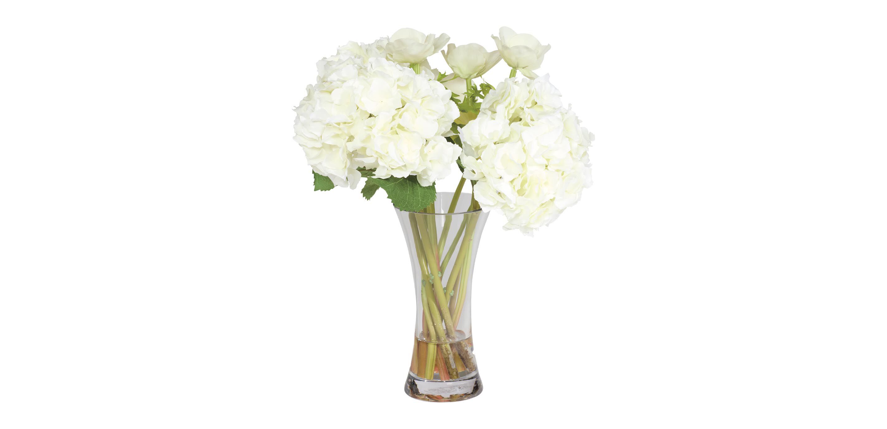 White Hydrangea and Anemone Bouquet in Hourglass Vase_2
