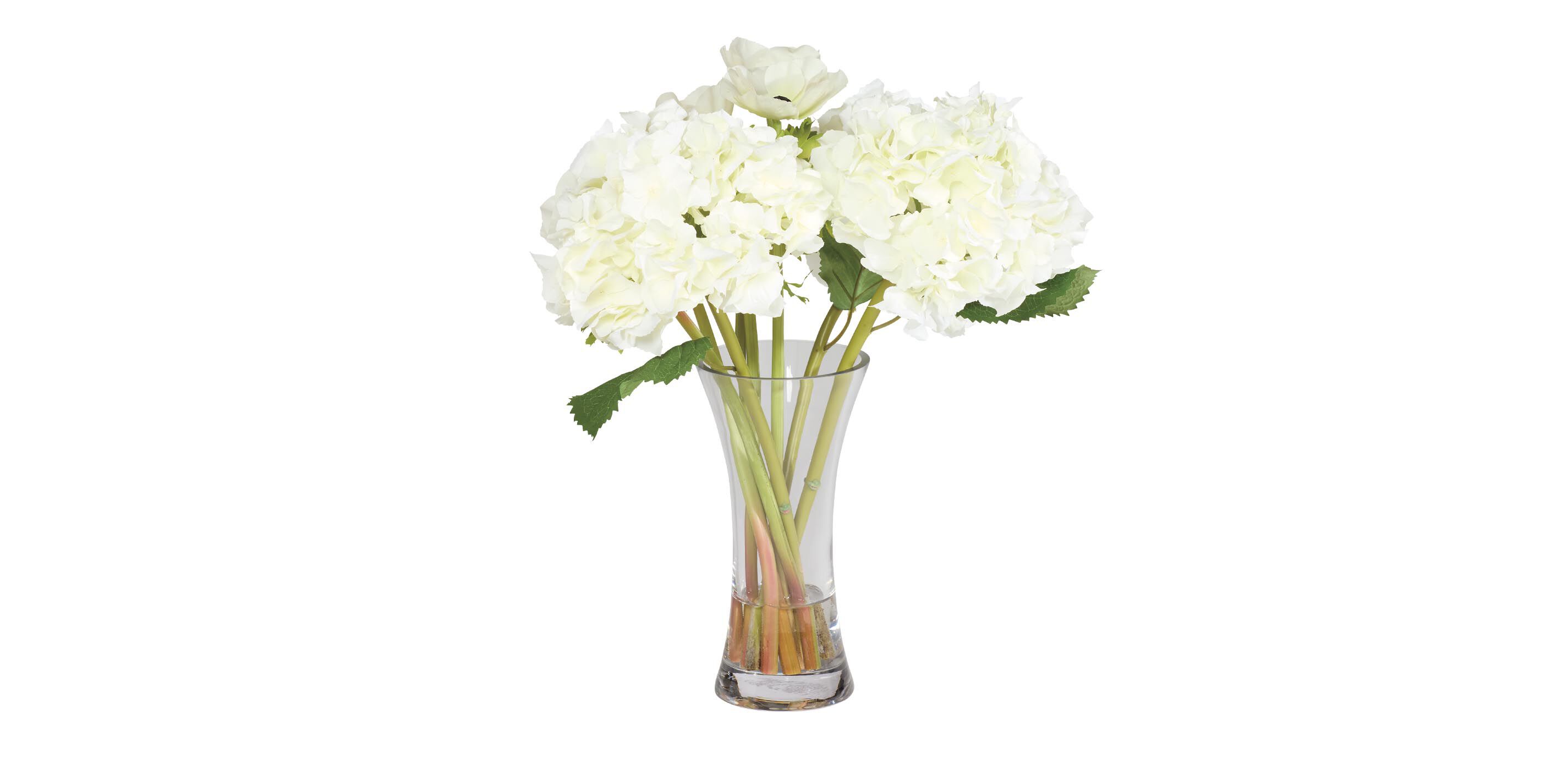 White Hydrangea and Anemone Bouquet in Hourglass Vase_1