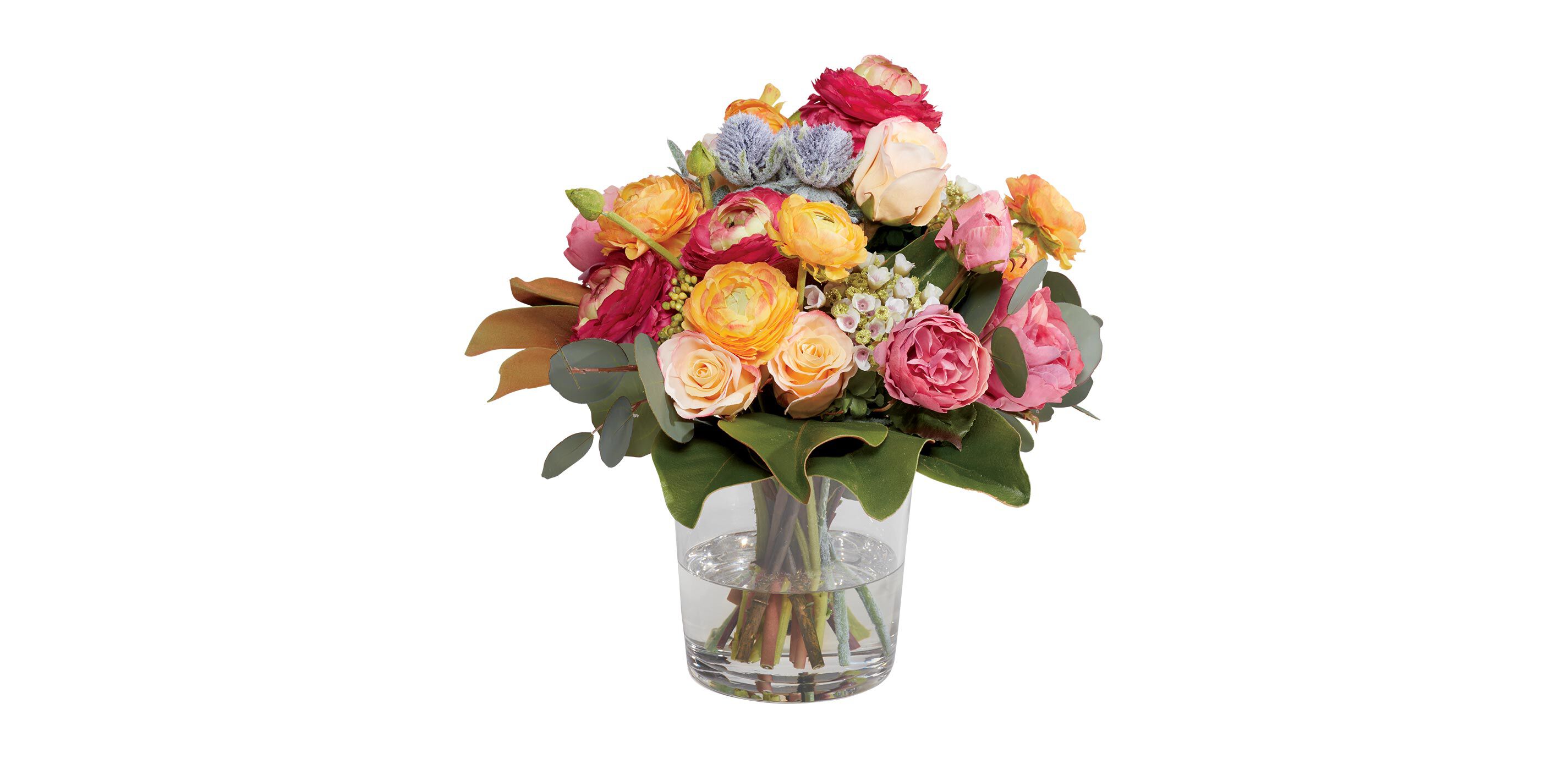 Small Ranunculus & Roses Sedum in Glass Vase