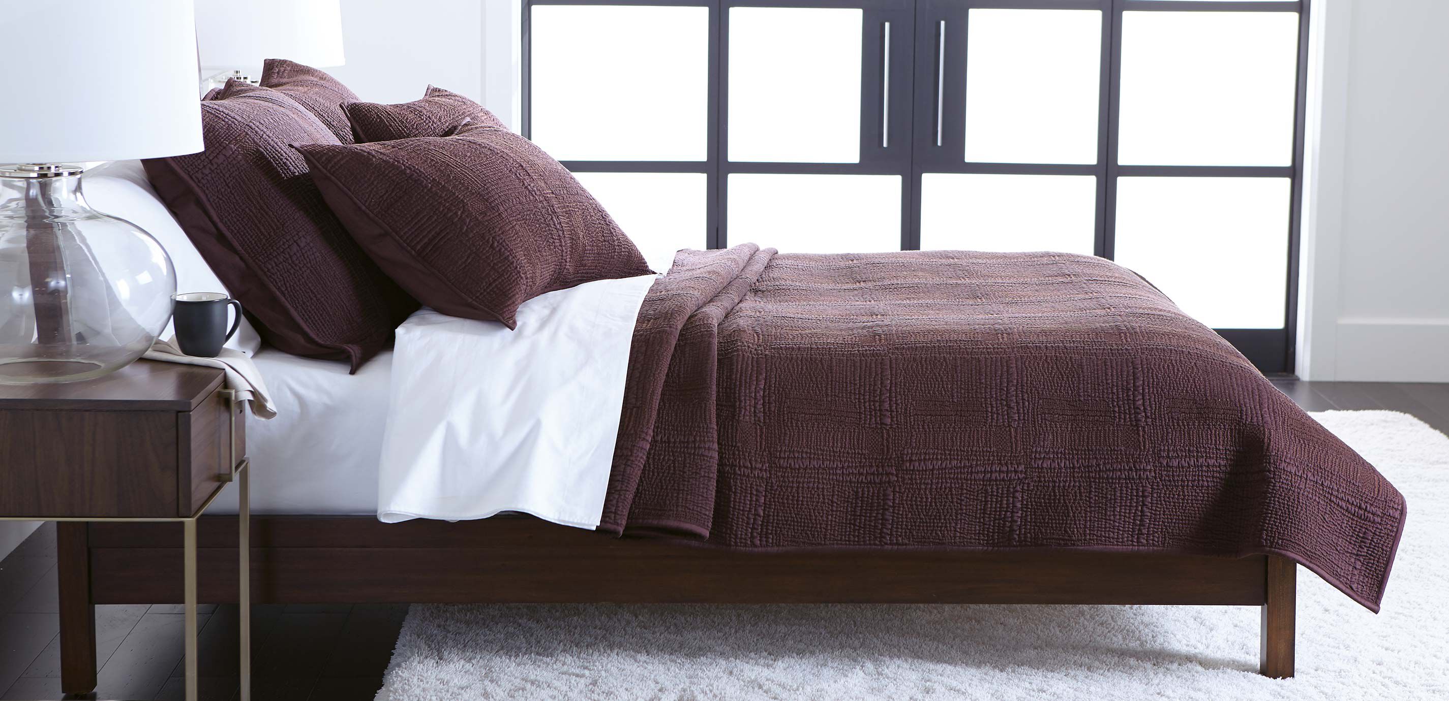 Rice Stitch Kantha Quilt and Shams, Beet_1