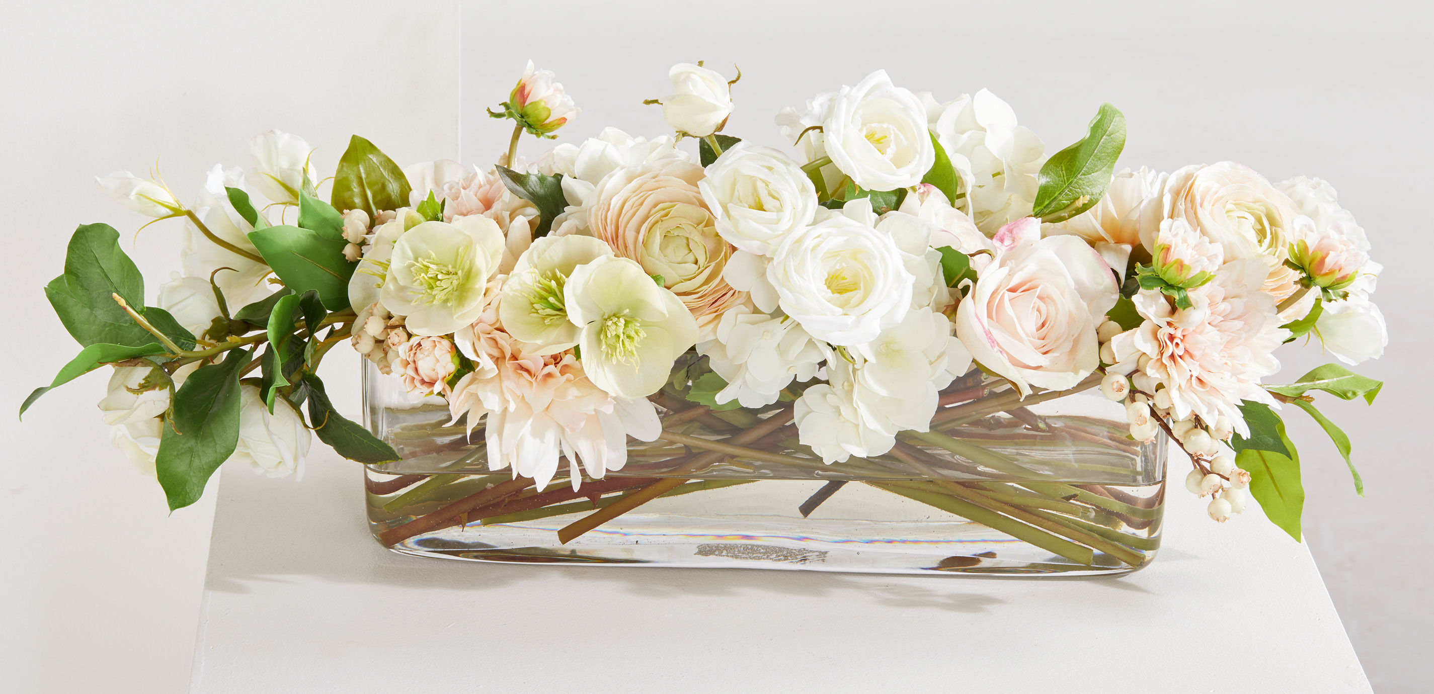 Blush Mixed Floral Centerpiece in Low Linear Glass Vase_5