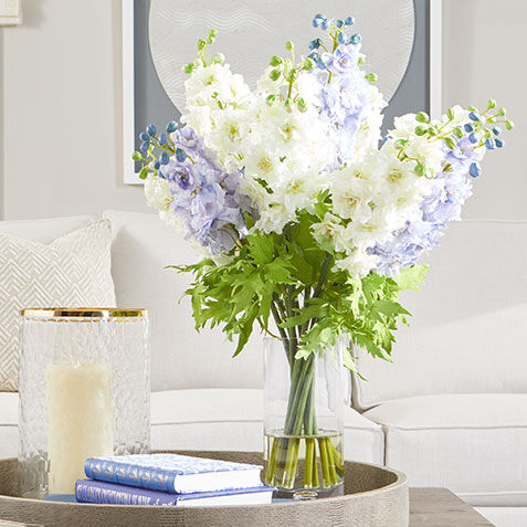 Blue and White Delphinium Bouquet in Tall Vase Product Tile Hover Image 443773   BLU