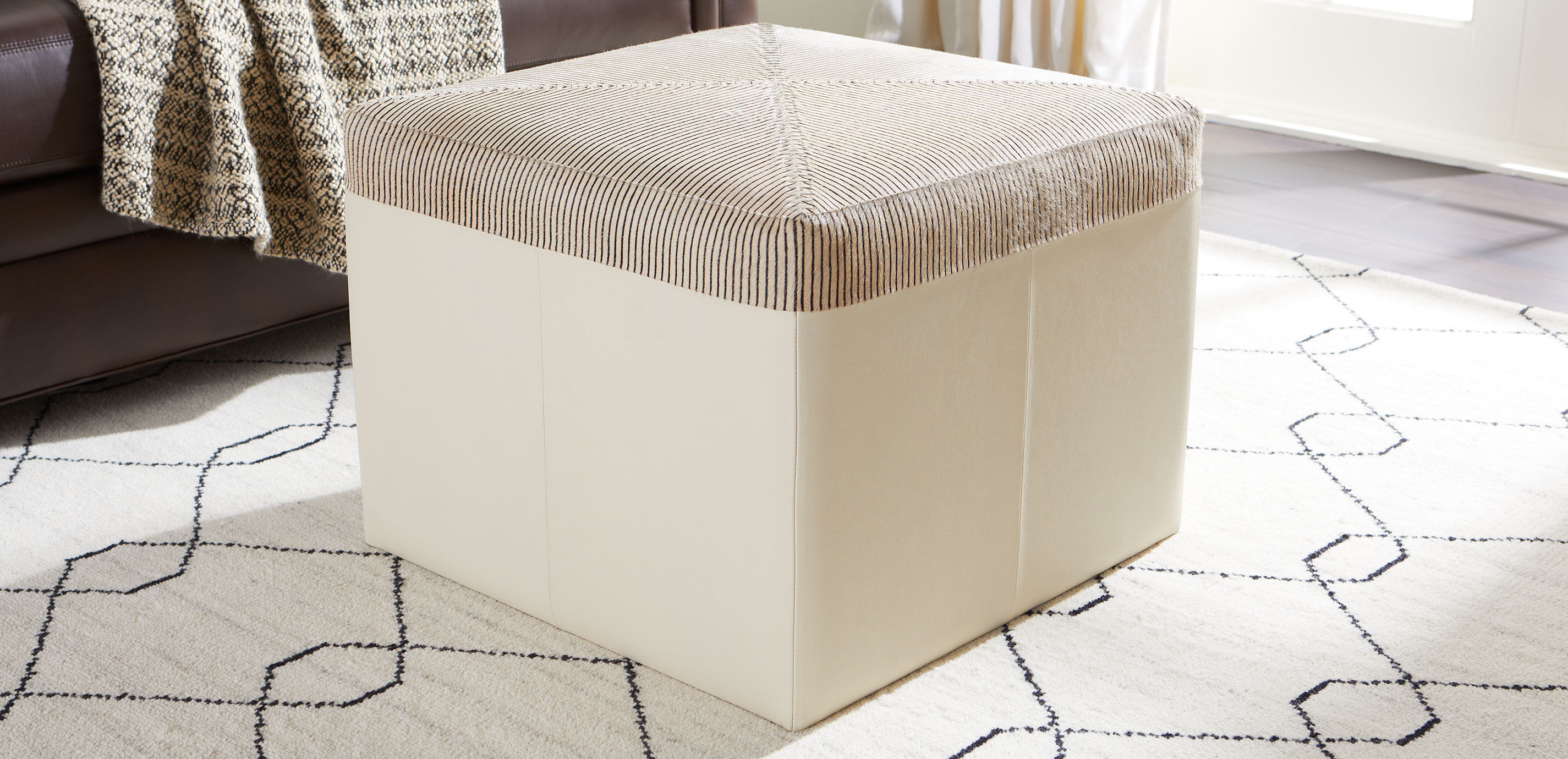 Pinstripe Hide & Leather Pouf_4