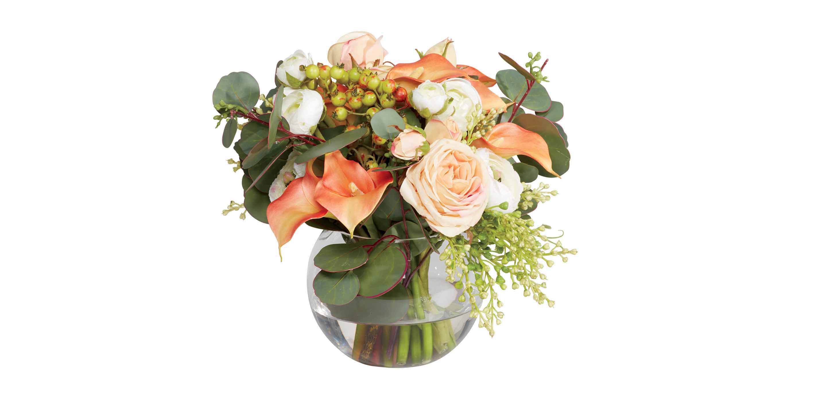 Lilies, Ranunculus & Roses in Fishbowl Vase