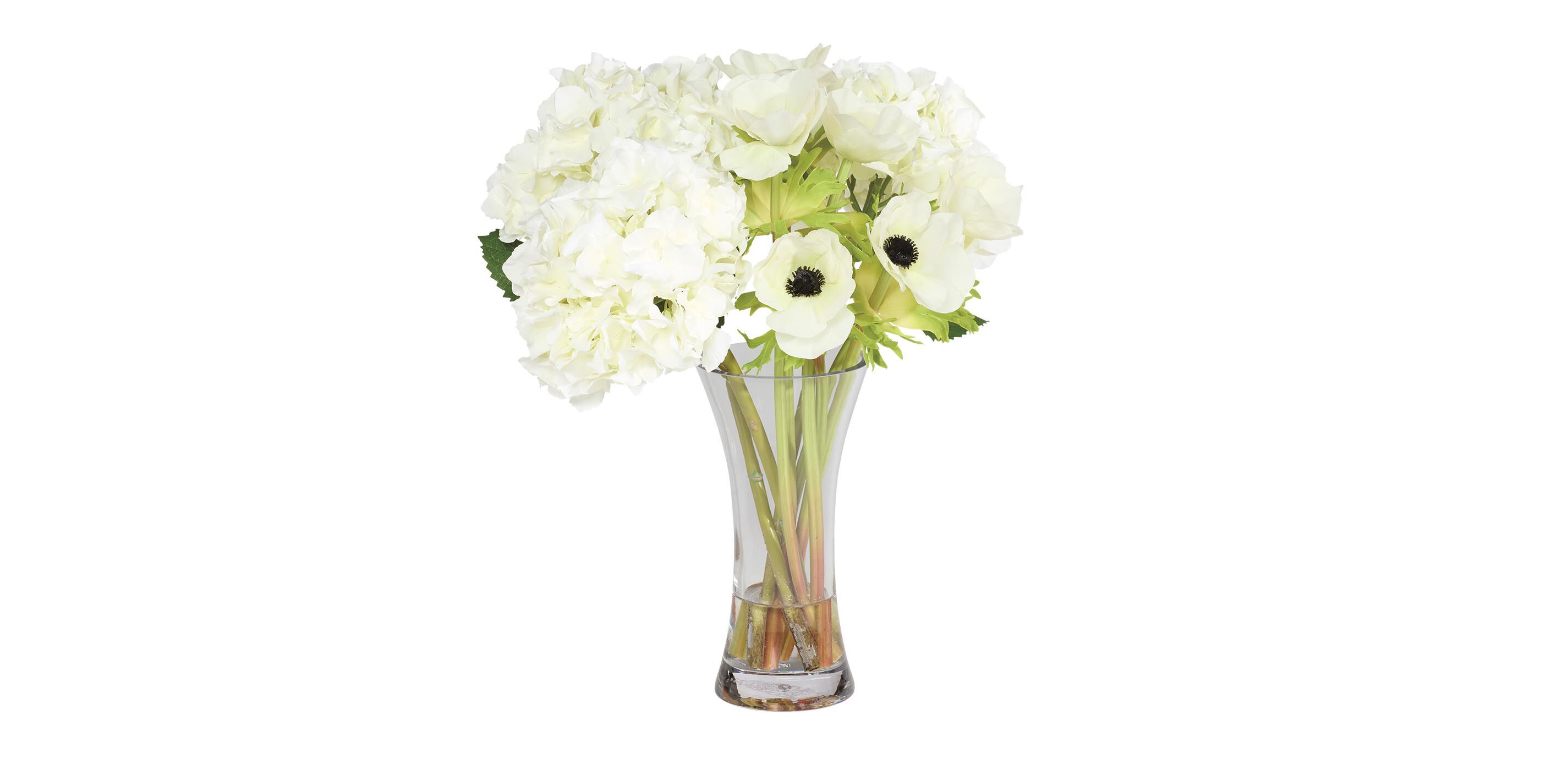 White Hydrangea and Anemone Bouquet in Hourglass Vase