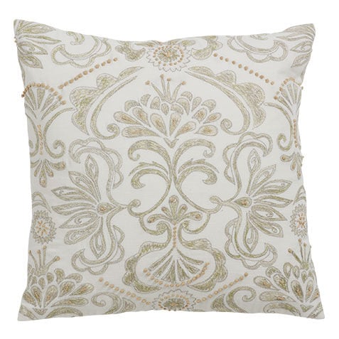 White and Green Embroidered Damask Pillow image